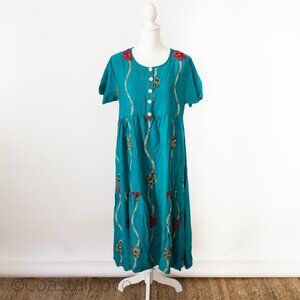 S.Christina Boho Mumu Teal Dress S/M Oversized Embroidered Festival Vacation 90s